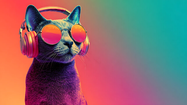 A cool cat wearing round pink sunglasses and headphones against a vibrant gradient background. Wow!