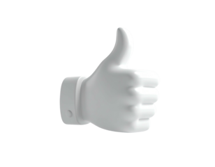 Rendered three-dimensional thumbs up gesture, white color, on a solid black background