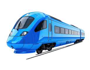 Sleek, ultramarine high-speed train on tracks against a dark background