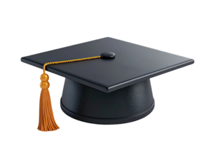 A 3D rendering of a classic black graduation cap with orange tassel