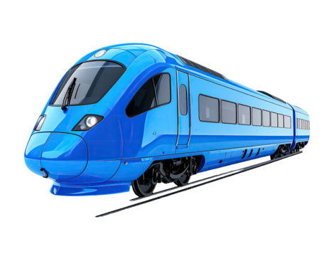 Sleek, ultramarine high-speed train on tracks against a dark background