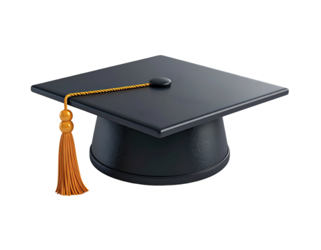 A 3D rendering of a classic black graduation cap with orange tassel