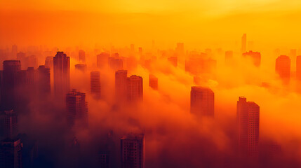 Cityscape skyscrapers in orange fog and sky