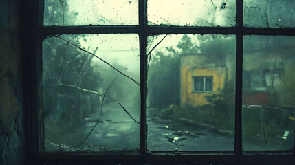 Broken window view of misty abandoned street