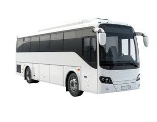 A white passenger bus, clean and modern, isolated on a black background