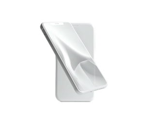 Two minimalist phones, one partially obscuring the other, floating in the void