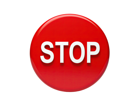 A shiny red circular sign, with the word "STOP" in bold white letters