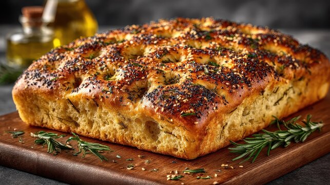 Delicious baked focaccia bread with herbs and sesame seeds