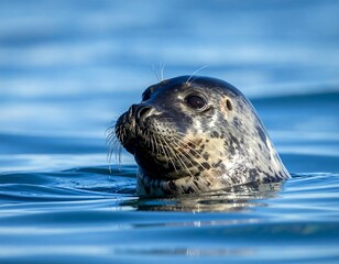 Close-up view of a harbor seal's head emerging from the tranquil, deep blue water.