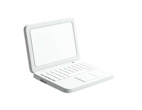 A simple, white laptop is shown against a black backdrop, slightly angled