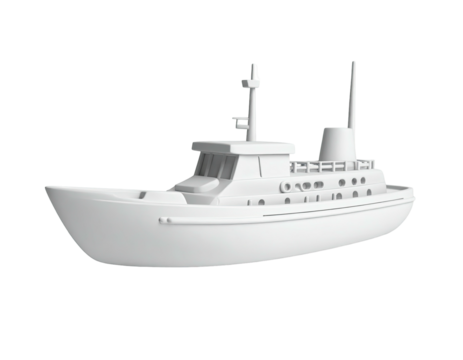 White 3D model rendering of a luxury yacht on a black background, isolated