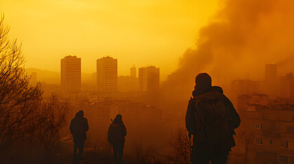 People overlooking smoky urban landscape with haze