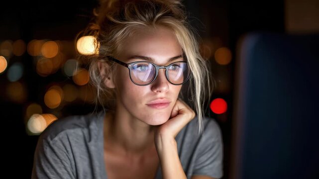 Young blonde woman wearing blue light blocking glasses focused computer screen technology night with blurred city lights background for better focus