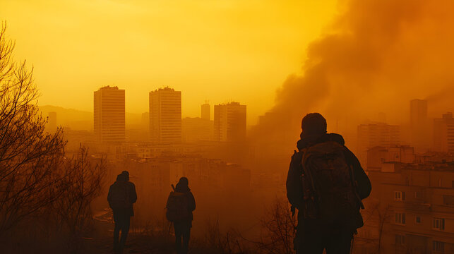 People overlooking smoky urban landscape with haze - Powered by Adobe