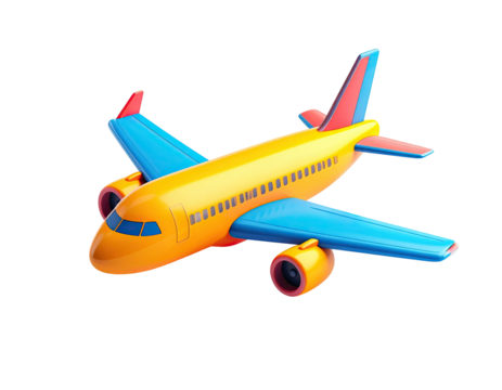 Vibrant cartoon airplane, yellow fuselage, blue wings, red details, set against black