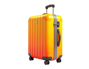 An upright, glossy, orange and yellow travel suitcase on a black background
