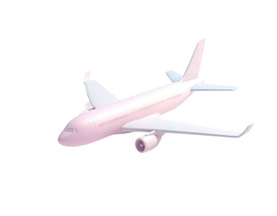 Obraz premium Pink and white passenger airplane, angled, isolated against a stark black background