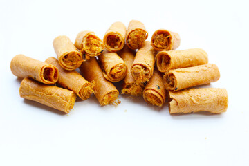 Rolled crispy wafers filled with shredded pork floss, Thai snack.