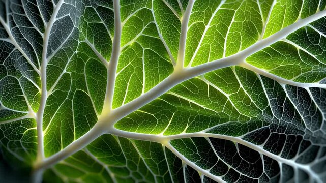Chlorophyll process concept ,Leaf vein close up glowing with vibrant green and white pattern showing intricate natural texture
