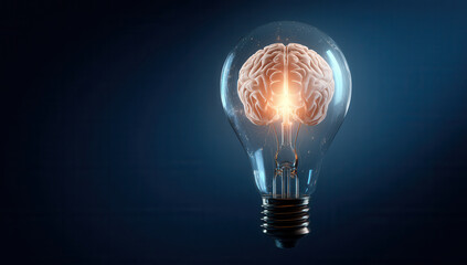 Bright idea concept with a human brain inside a light bulb on dark background