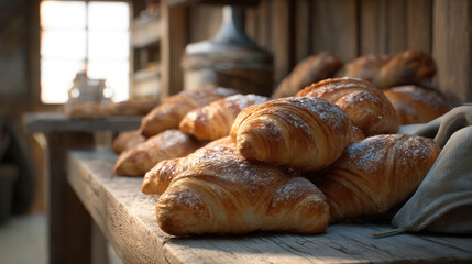 Rustic Bakery Counter Filled with Freshly Baked Croissants in a Warm and Inviting Atmosphere