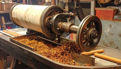 A vintage tobacco processing machine, meticulously crafted, actively grinds tobacco leaves into a fine, golden-brown powder, while producing intricate patterns.