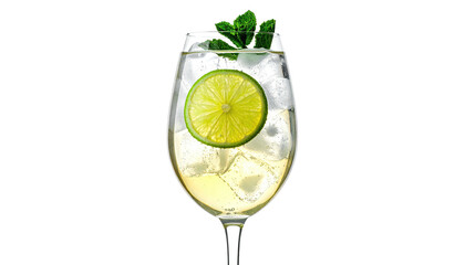 Elegant wine glass holds cocktail with ice, lime, and mint against a black background