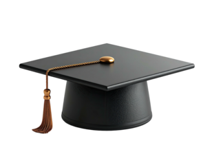 A realistic, shiny black graduation cap with a tassel