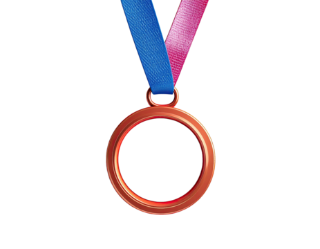 A bronze medal with blue and pink ribbons hanging against a black background