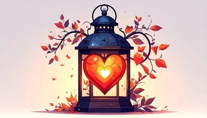 Heart Shaped Lantern, Warm Light, Autumn Leaves.