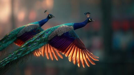 Two colorful peacocks in mid flight with wings spread