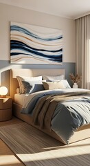 Serene Bedroom Interior with Abstract Art and Natural Light.