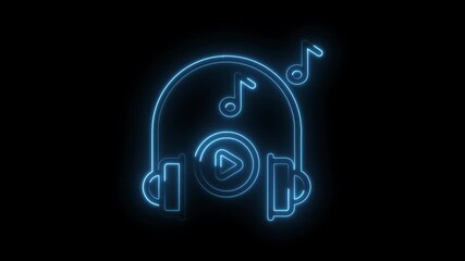 Glowing neon headphones play button and music notes icon animation on black background - Powered by Adobe