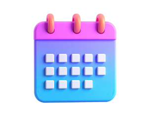 A 3D rendered calendar icon with a gradient color scheme against a black background