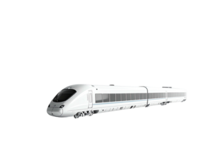 Sleek, white, high-speed passenger train isolated against a stark black background