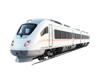 Sleek, modern high-speed train with curved design, isolated on a plain background