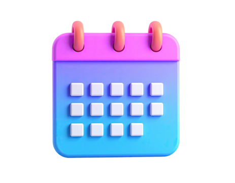 A 3D rendered calendar icon with a gradient color scheme against a black background