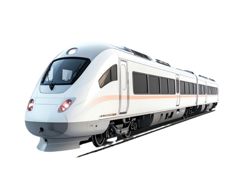 Sleek, modern high-speed train with curved design, isolated on a plain background