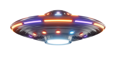 Futuristic UFO spaceship with glowing neon lights isolated on white background, flying saucer concept of alien spacecraft, sci-fi vehicle design for outer space exploration and fantasy illustration