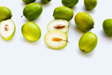 Green jujube fruits on white background.