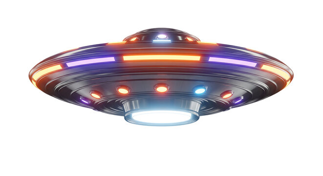 Futuristic UFO spaceship with glowing neon lights isolated on white background, flying saucer concept of alien spacecraft, sci-fi vehicle design for outer space exploration and fantasy illustration
