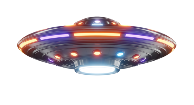 Futuristic UFO spaceship with glowing neon lights isolated on white background, flying saucer concept of alien spacecraft, sci-fi vehicle design for outer space exploration and fantasy illustration