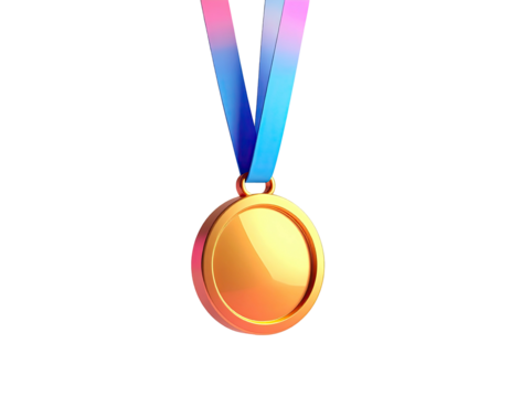 A shiny golden medal hangs by a ribbon with pink and blue hues, on black