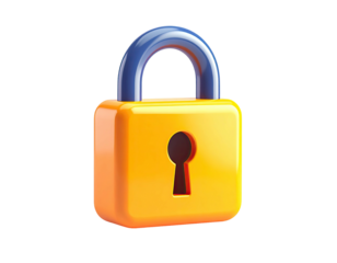 3D rendered yellow and blue padlock with a keyhole on a black background