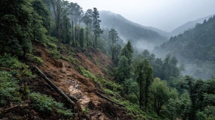 Fototapeta premium Hills with trees, and a landslide scar landscape with fog on a cloudy day. Show the impact of natural disasters and geological events.