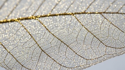 Fototapeta premium Golden Veined Leaf Macro on White, Translucent Botanical Detail