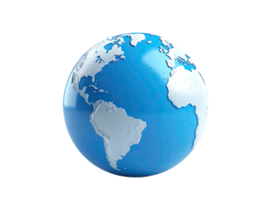 A glossy, stylized globe shows continents in white against a deep blue background