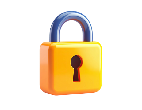 3D rendered yellow and blue padlock with a keyhole on a black background