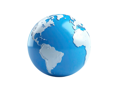 A glossy, stylized globe shows continents in white against a deep blue background