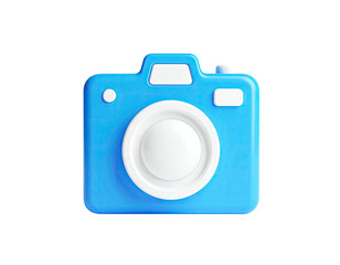 3D rendering of a blue cartoon camera, isolated against a black background